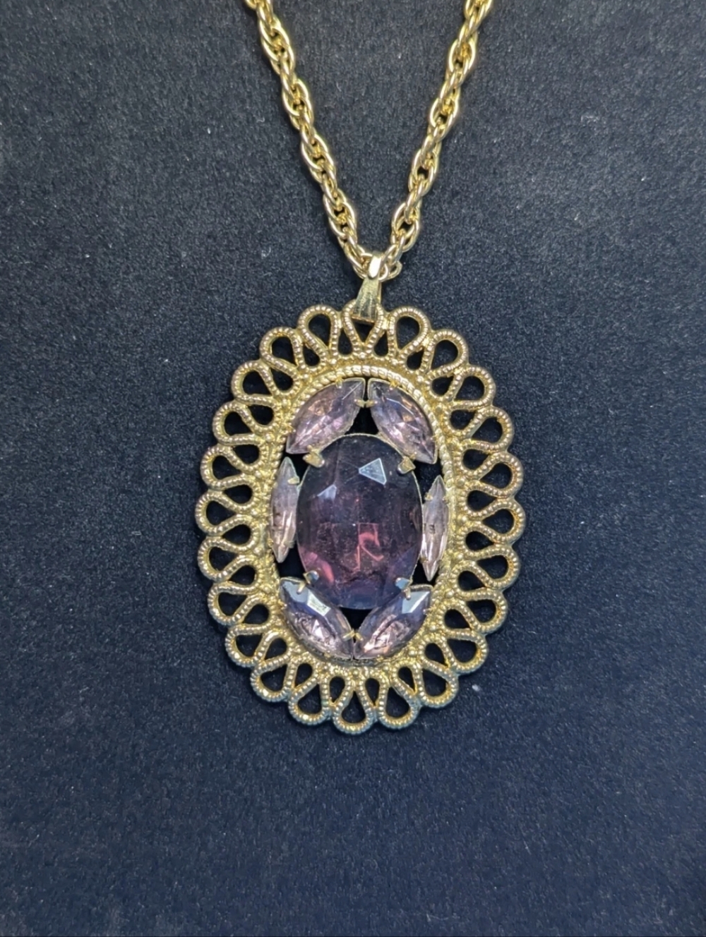 Purple Stone Gold Tone Pendant Necklace 14" Fashion Jewelry - Picture 2 of 12